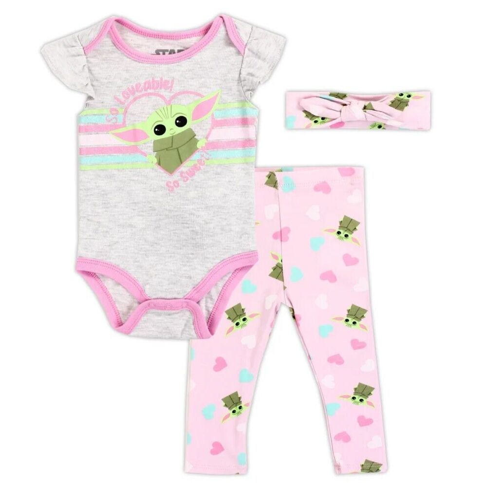 Star Wars Baby Yoda Girls 3-Piece Set With Bodysuit Pants Headband Pnk Grey 6-9M